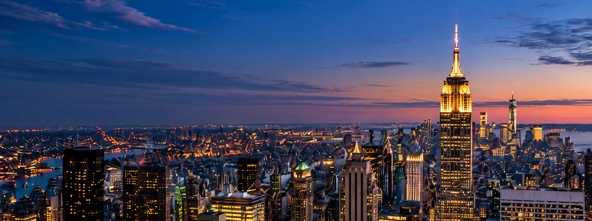 New York City skyline at dusk